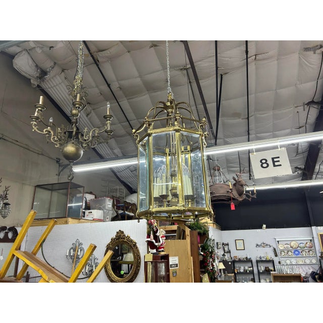 Large Italian Brass And Glass Lantern. Offered is a outstanding mid century Italian Neoclassical style octagonal brass and...