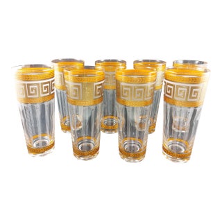 1960s Mid-Century Modern Culver 22k Gold & Orange Greek Key Highball Glasses Tumblers Signed - Set of 8 For Sale