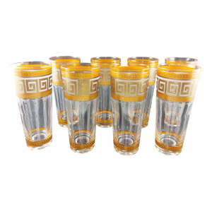 1960s Mid-Century Modern Culver 22k Gold & Orange Greek Key Highball Glasses Tumblers Signed - Set of 8