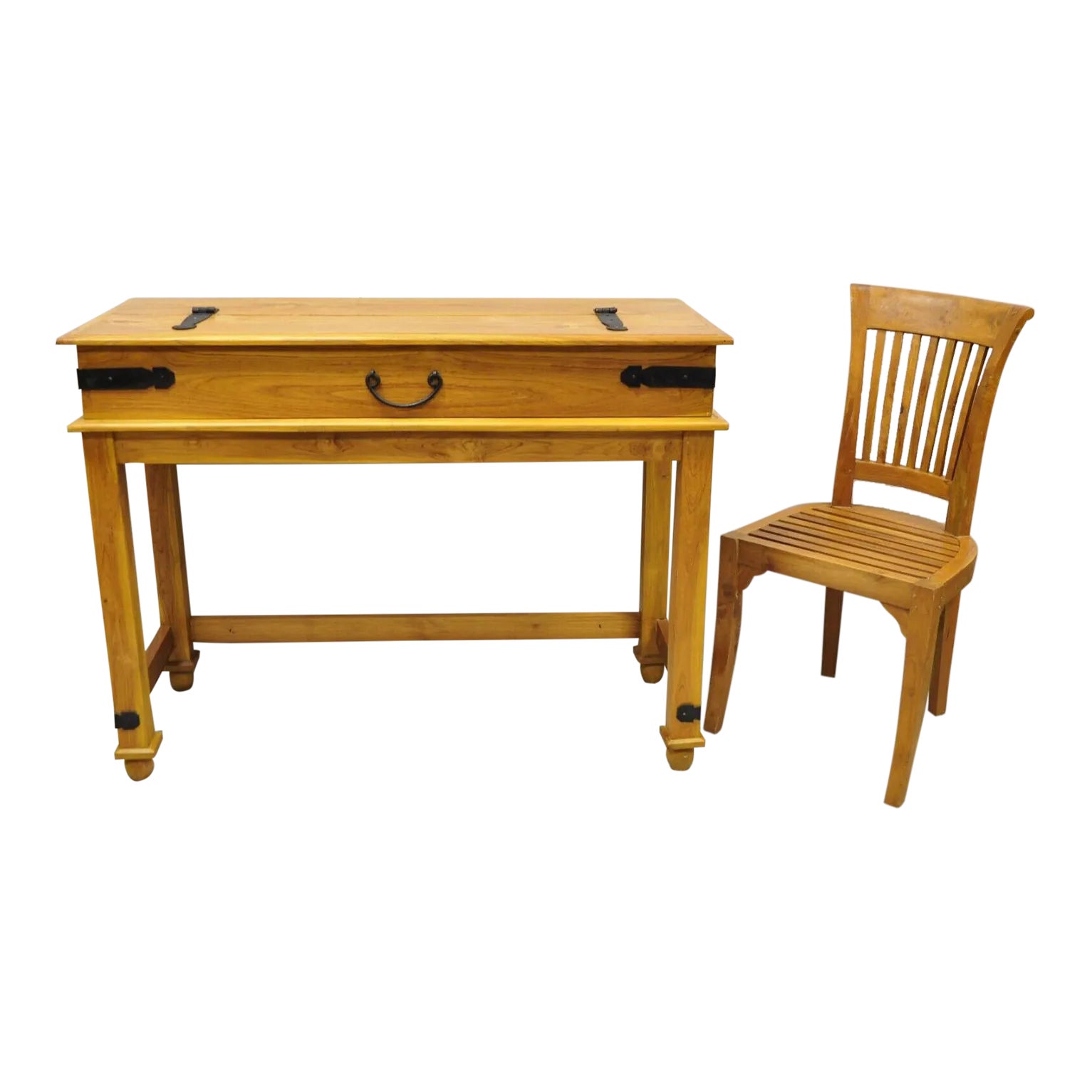 Campaign Style Teak Wood Flip Top Writing Desk With Side Chair 2pc Set Chairish
