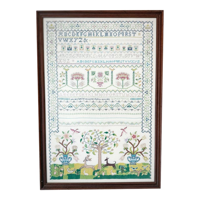 1972 Vintage Hand Embroidered Alphabet Sampler, Framed Folk Art Needlework With Floral & Animal Motif For Sale