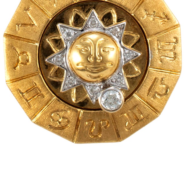 Modern 18k Yellow & White Gold Rotating Zodiac Sign Diamond Sun Motif Medal Pendant For Sale - Image 3 of 8