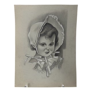 1940s Original Signed Graphite Illustration of Young Girl in Bonnet, 11.75 × 9 In. For Sale