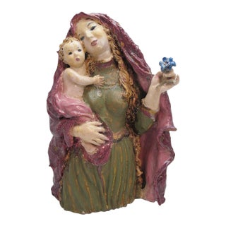 Susi Singer Terracotta Madonna With Blue Flower & Child 1951 Statue For Sale