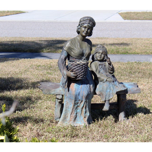 Bronze Vintage Life-Size Victorian Mother & Child Garden Sculpture With Bronze Faces, Hands & Upper Body – Garden Bench Statue With Basket Planter, 1980s For Sale - Image 8 of 18