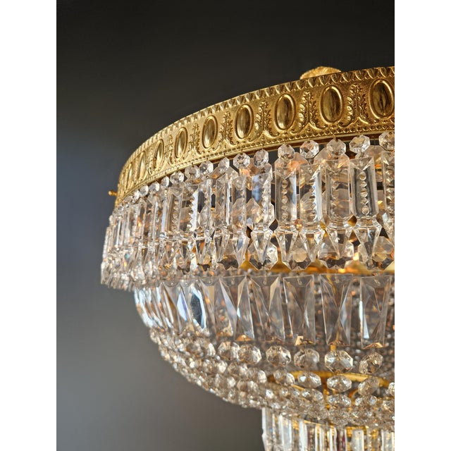 1930s Low Plafonnier Crystal Chandelier Brass Lustre Ceiling Art Deco Gold For Sale - Image 10 of 12