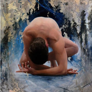 Exhale by Brian O'Neill | Oil on panel with White Gold & Silver Leaf of a figure in a crouched pose For Sale