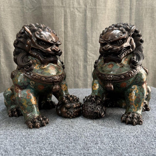 Pair of Large Chinese Cloisonné Enamel Buddhist Lion Statues For Sale In Los Angeles - Image 6 of 9