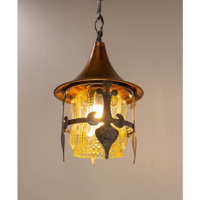 French Pendant Light in Iron, Copper and Glass, 1900s For Sale - Image 4 of 5