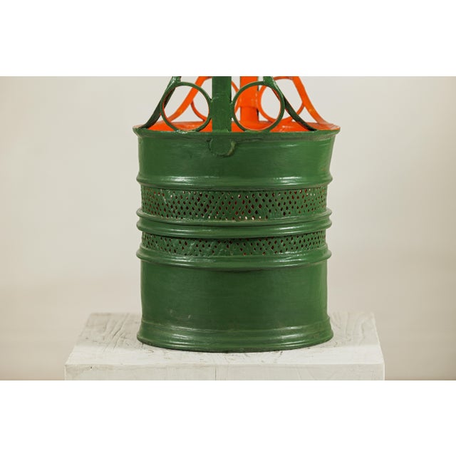 Antique Lacquered Metal Basket with Openwork Design in Green and Orange Finish For Sale - Image 9 of 18