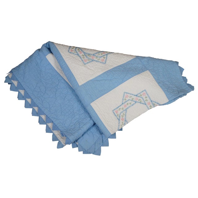 Antique hand stitched blue and white bedspread / blanket / coverlet / quilt with sawtooth border and blocks embroidered...