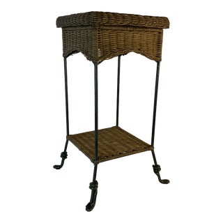 Vintage Boho Chic Wicker and Iron 2-Shelf Plant Stand. For Sale