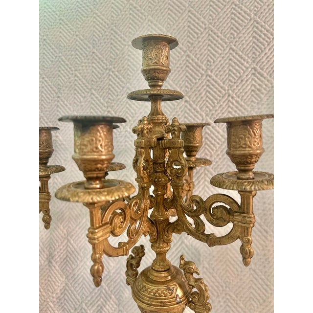 Bronze 1930’s - 1950’s Pair of Continental Rococo Revival Griffin Handle Candelabra in Aged Gilt Metal For Sale - Image 8 of 12