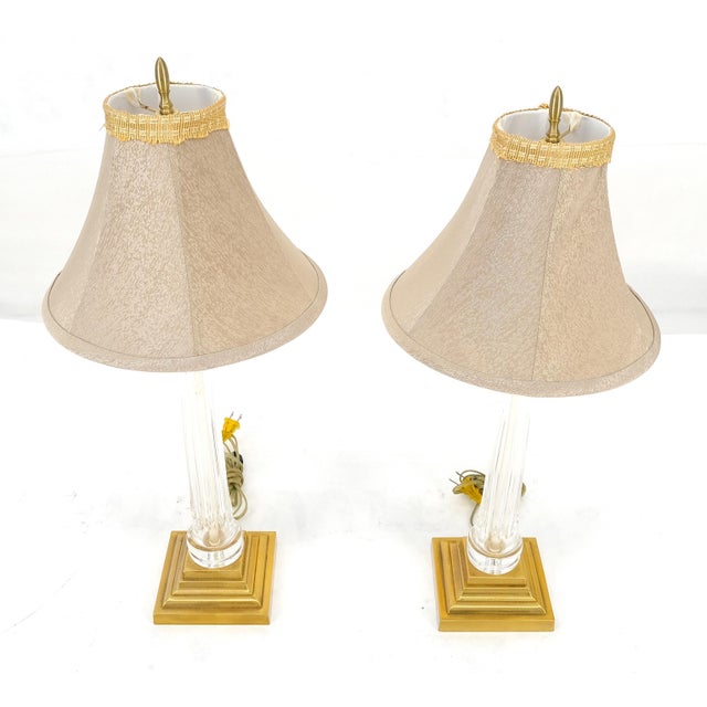 960'sPair of Crystal & Square Brass Bases Ornate Shades 25" Tall Table Lamps For Sale - Image 10 of 15