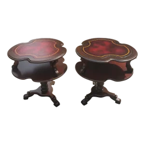 Refinished English Regency 2-Tier Leather Top Insert Stenciled Side Tables - A Pair