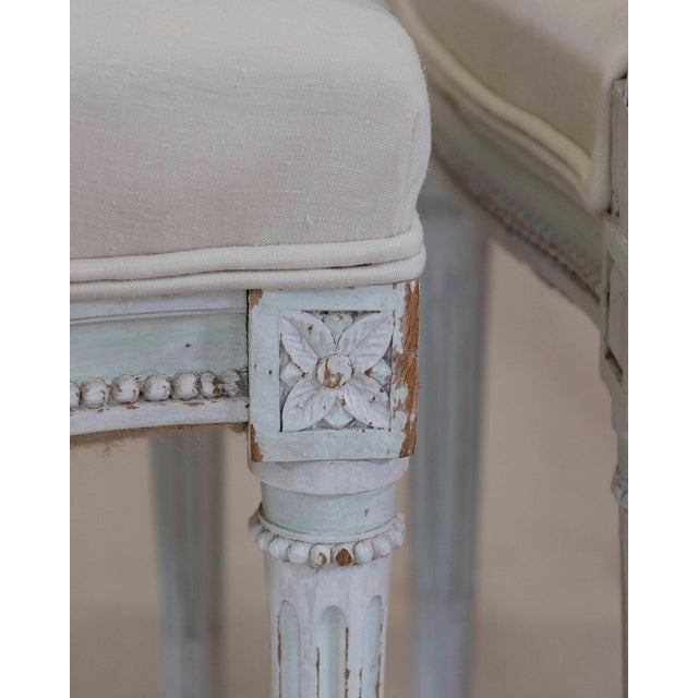 Pair of Antique French Neoclassical Painted Chairs in Antique Linen For Sale - Image 11 of 13