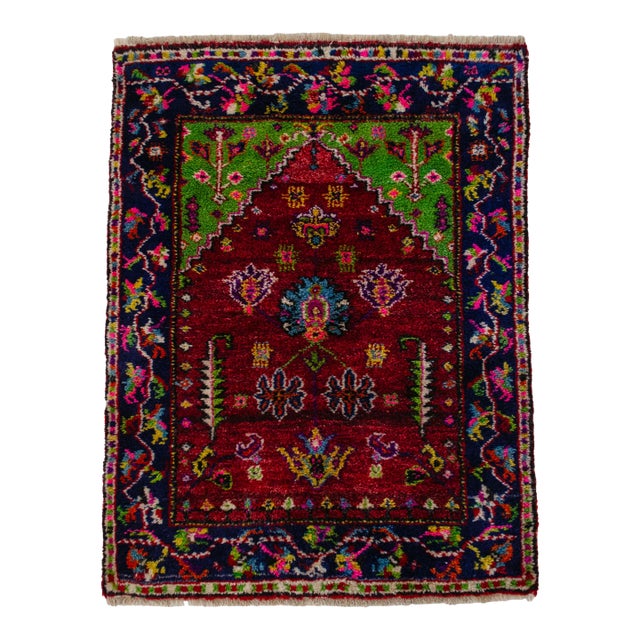 Vintage Hand-Knotted Turkish Rug Prayer Rug Ultra Soft Wool Rug Wall Decor Religious Tapestry 3x4 Ft Approx For Sale