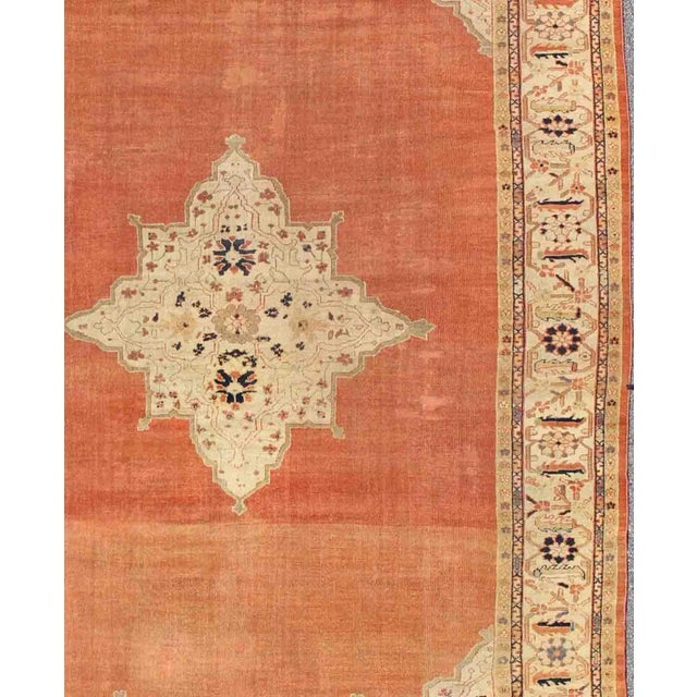 Antique Ziegler Sultanabad Rug in Soft Orange Background, Ivory and Pops of Navy Blue For Sale - Image 4 of 10
