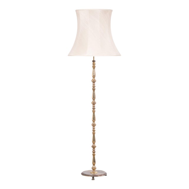 Vintage Danish Brass Floor Lamp with Original Shade, 1960s For Sale