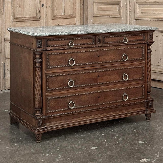 French 19th Century French Louis XVI Walnut Marble Top Commode For Sale - Image 3 of 16