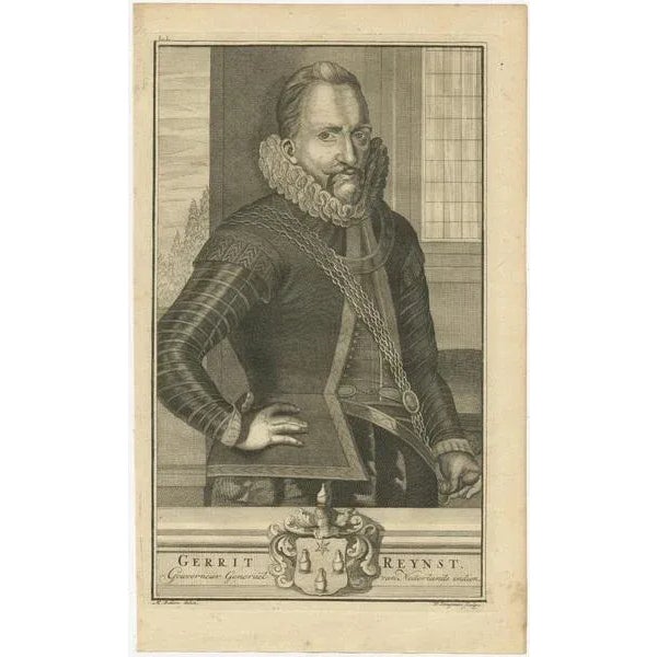 A copperplate engraving of gerrit reynst, who was the governor-general of the dutch east indies. The engraving dates back...