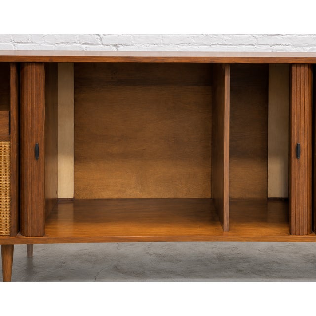Extra Long Mid Century Modern Tambour Door Garrard Cabinet | Walnut Credenza Sideboard, C. 1960’s For Sale - Image 12 of 13
