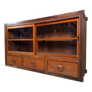 Antique Japanese Shop Counter with Glass Display and Drawers, 1920s For Sale