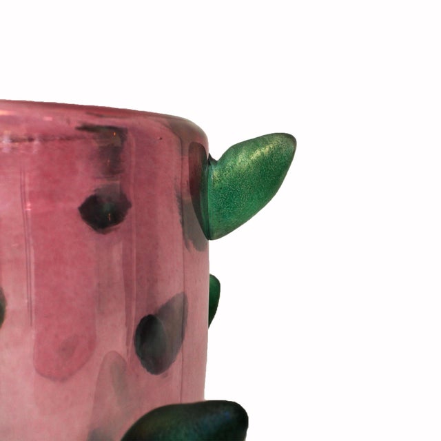Green Art Deco Style Pink and Green Murano Glass Vases with Applied Spikes, 1980, Set of 2 For Sale - Image 8 of 9