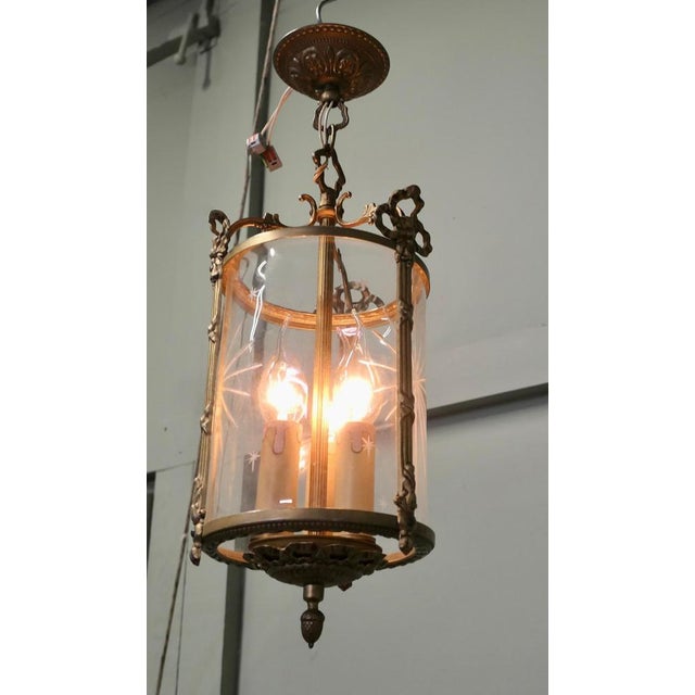 Art Deco Brass and Star Etched Glass Pendant Lantern, 1920 For Sale - Image 6 of 8