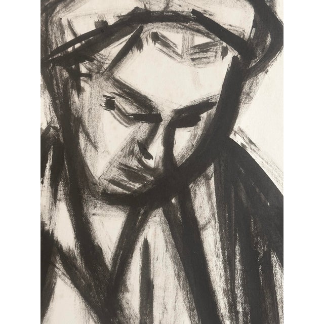 Abstract Mid Century Vintage Black and White Painting on Paper of Woman Sewing Signed by Woulfart, With Mat For Sale - Image 3 of 4