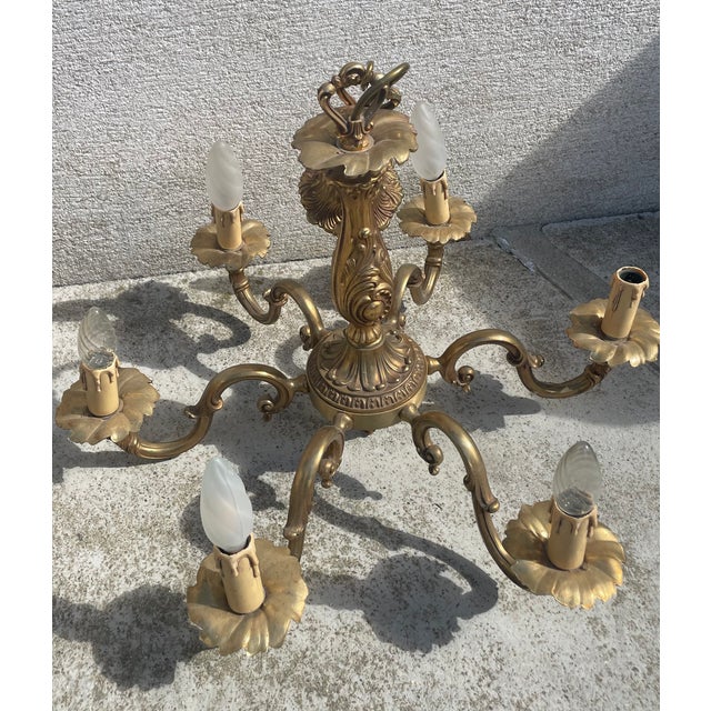Louis XV Two Brass Chandeliers with 5 and 6 Branch, 1890s, Set of 2 For Sale - Image 9 of 10