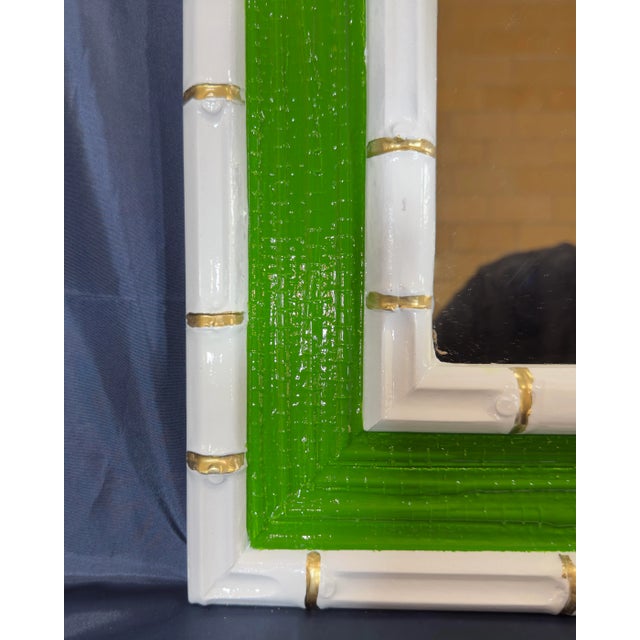 Mid 20th Century Vintage Palm Beach Regency Faux Bamboo Wall Mirror - Green and White With Gold Accents - Newly Painted For Sale - Image 5 of 7