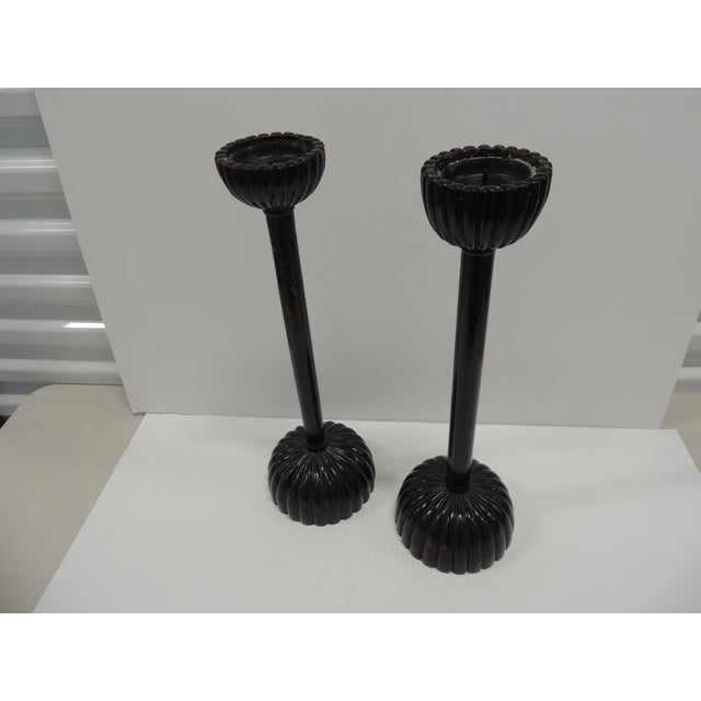 Tall Asian Black Lacquered Faux-Wood Candleholders - Set of 2 Rounded base and top. Fits a 2"D pillar candles. Size: 5.5"D...