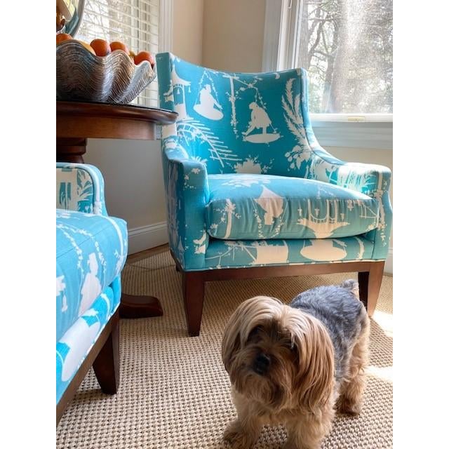 2010s Custom Curved Wingback Chairs Upholstered in Thibaut, Set of 2 For Sale - Image 5 of 11