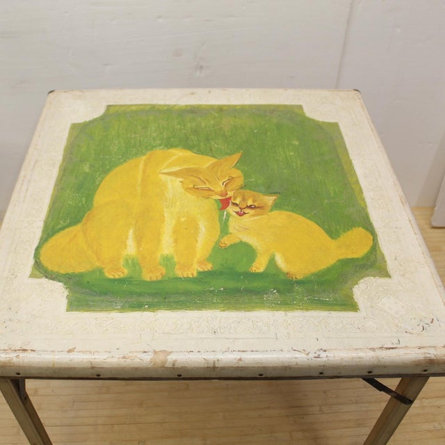 An authentic 1930s Samson folding card table with yellow cat and kitten painted on top. Depression era table wood frame,...