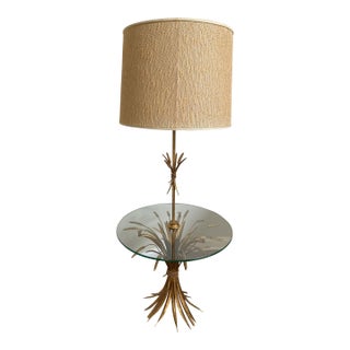Vintage Hollywood Regency Gilt Metal Wheat Sheaf Floor Lamp & Glass Top Side Table For Sale