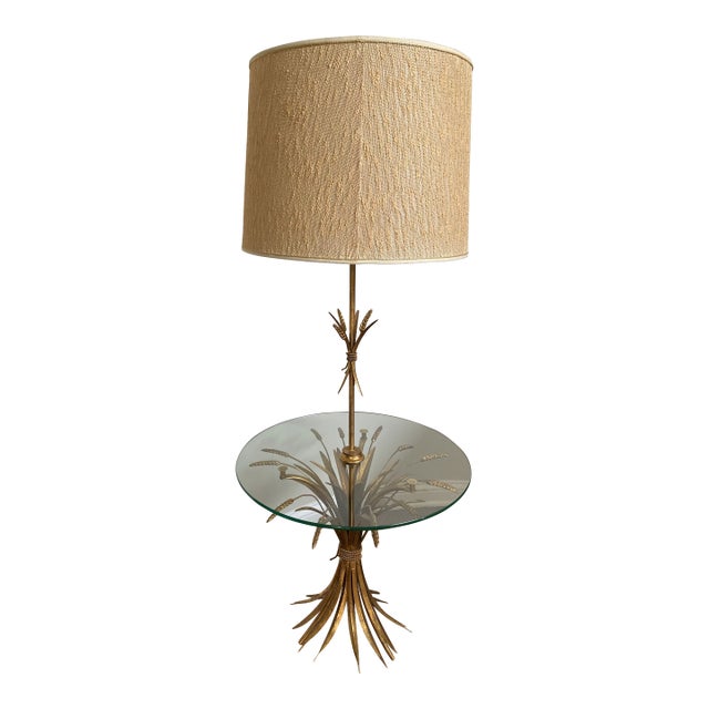 Vintage Hollywood Regency Gilt Metal Wheat Sheaf Floor Lamp & Glass Top Side Table For Sale