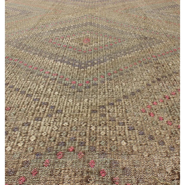 Blue Mid 20th Century Turkish Kilim Rug With Multi Layered Diamond Design in Soft Tones of Blue, Green, Gray, Red For Sale - Image 8 of 12