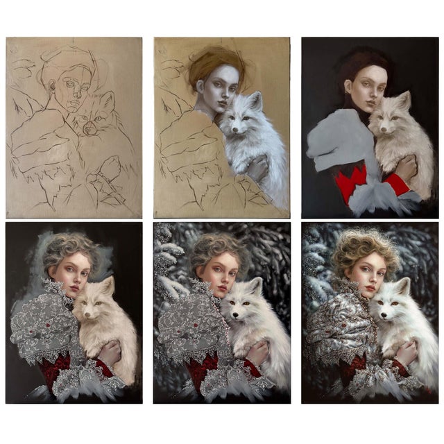 Figurative Pale Sanctuary by Alexandra Manukyan | Oil on Belgian Linen Portrait of a woman with a white fox. For Sale - Image 3 of 3
