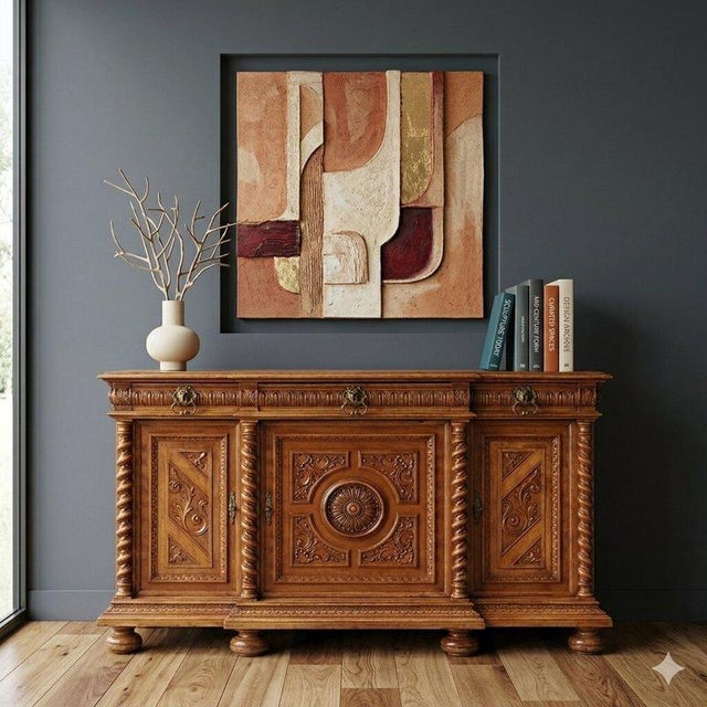 Neo-Baroque walnut cupboard. Split front with a projecting central element, three drawers in the lower section, paneled...