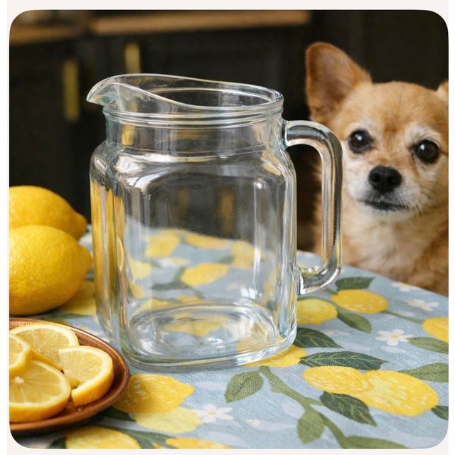Mediterranean Vintage Bormioli Rocco Italian Glass Pitcher. Clear Pressed Glass. Clean and Functional. 7.5” H. 4.5” W. 1970 For Sale - Image 3 of 3