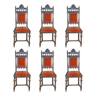 6 Antique Renaissance Revival Carved Walnut High Back Velvet Dining Chairs For Sale