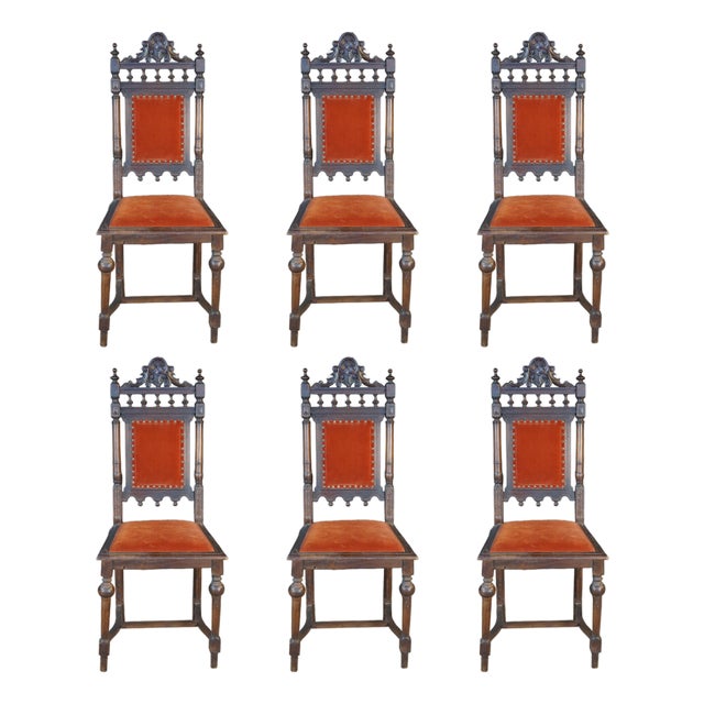 6 Antique Renaissance Revival Carved Walnut High Back Velvet Dining Chairs For Sale