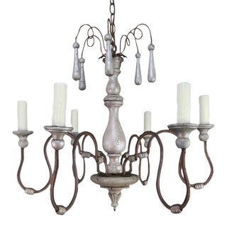 Italian Silvered Wood and Iron Chandelier With Wood Drops For Sale