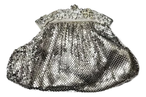 Whiting & Davis Silver-Tone Mesh Purse Clutch Rhinestone Frame With Change Purse - Art Deco