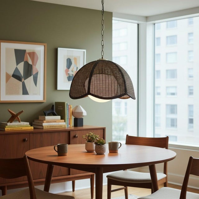 This is a hand made hanging white composite sphere lamp with a dark brown/espresso cane wicker pendant/swag lampshade....