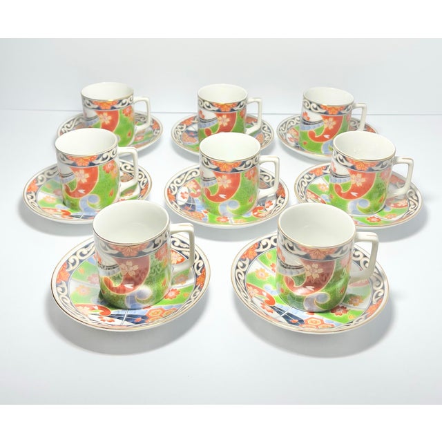 Japanese 1980s Vintage Porcelain Japanese Imari Arita Flower Demitasse Espresso 8 Cups Saucers - 16 pcs For Sale - Image 3 of 12