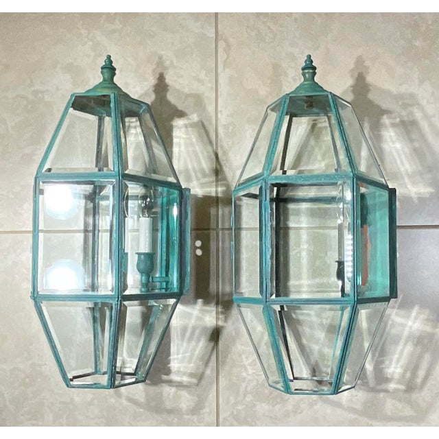Metal Exquisite Pair of Vintage Solid Brass Hexagonal Wall Lanterns For Sale - Image 7 of 17