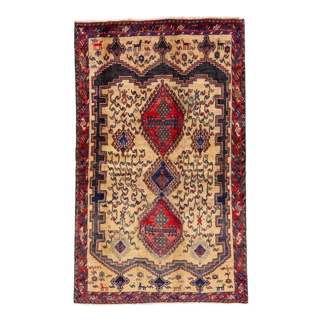 1960s Vintage Handmade Shiraz Navy Blue Medallion Wool Rug For Sale