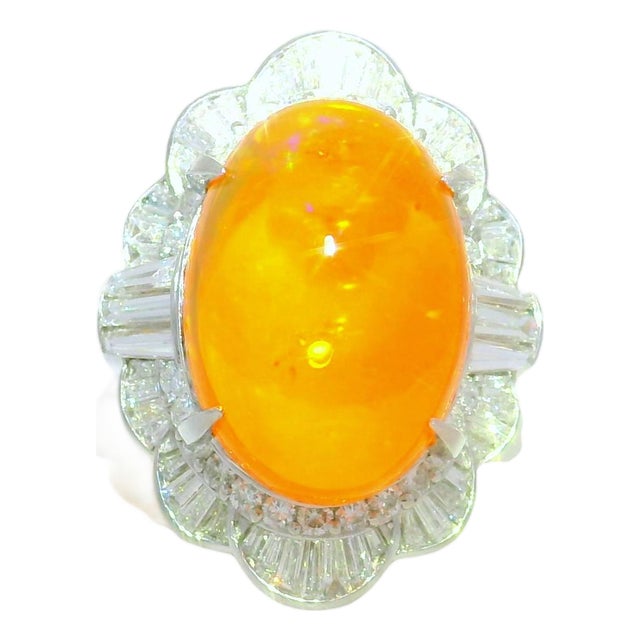 9.52 Carat Mexican Fire Opal Diamond Platinum Ring, Size 5.25 For Sale